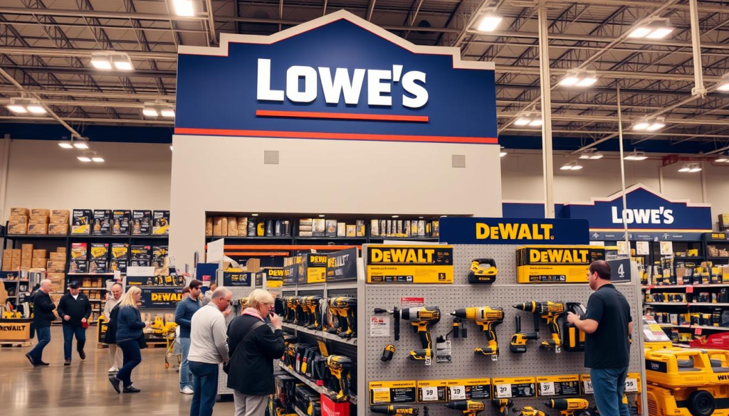 A large and well-lit Lowe's retail store interior, with a prominent DEWALT display section in the foreground. The display features a variety of DEWALT power tools, neatly arranged on shelves with clear price tags and product information. Customers are browsing the selection, examining the tools with keen interest. The overall atmosphere is one of trust, quality, and a seamless shopping experience. The lighting is warm and inviting, casting a gentle glow over the scene. The camera angle is slightly elevated, providing a comprehensive view of the DEWALT display and the surrounding Lowe's environment.