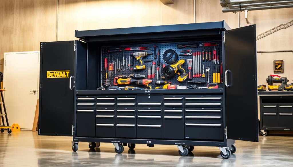 A large, sturdy DeWalt tool cabinet stands in a well-lit workshop, its sleek steel frame and chrome hardware gleaming under crisp overhead lighting. The cabinet's drawers are meticulously organized, filled with an array of professional-grade power tools and hand tools. The matte black finish provides a durable, scratch-resistant surface, while the reinforced corners and heavy-duty casters ensure stability and mobility. The cabinet's interior is customized with adjustable dividers, allowing for precise organization of the owner's extensive tool collection. In the background, a polished concrete floor and neutral-toned walls create a clean, modern backdrop, emphasizing the cabinet's robust construction and functional design.