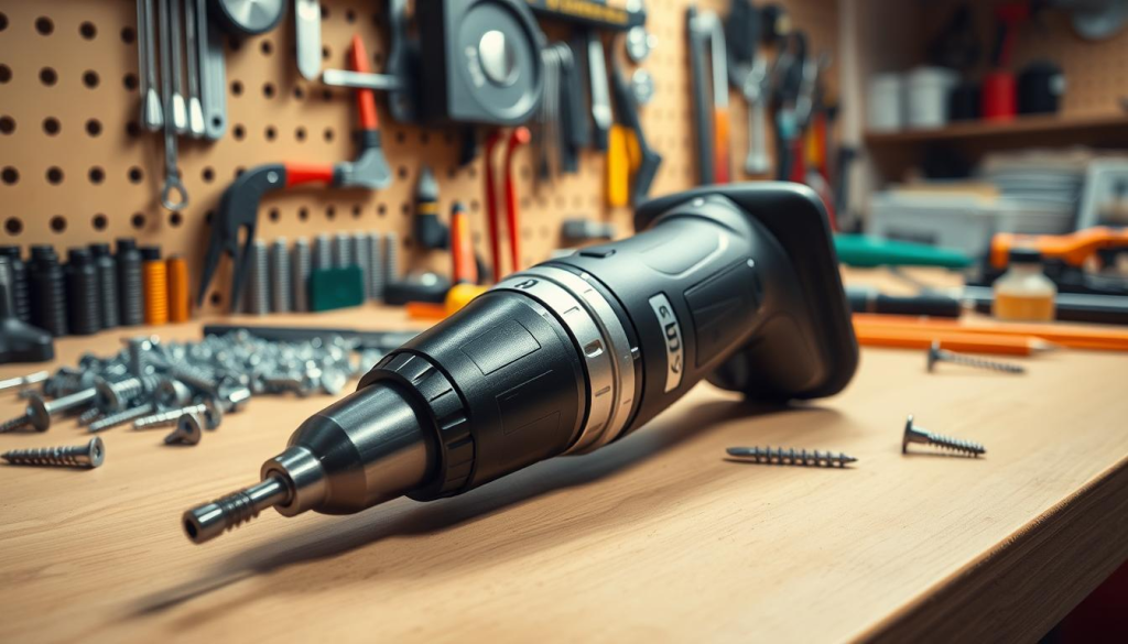A lithium-ion cordless screwdriver rests on a clean, well-lit workbench. The sleek, black tool with a metallic body gleams under the warm overhead lighting, showcasing its ergonomic design and high-quality construction. In the foreground, the screwdriver's trigger and rotating barrel are prominently featured, hinting at its powerful performance and precise control. In the background, a neatly organized array of screws, bits, and other DIY tools suggest the versatility of this electric screwdriver for a variety of home improvement projects. The scene exudes a sense of professionalism and attention to detail, capturing the essence of a reliable, high-performance tool for the modern handyman.