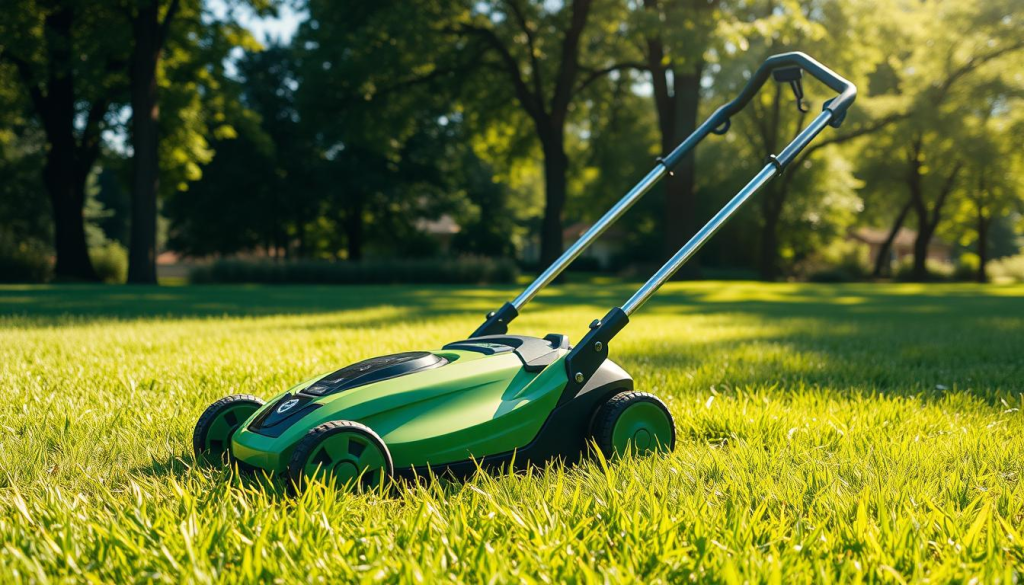 A lush, verdant lawn serves as the serene backdrop, with a sleek, battery-powered mower taking center stage. The mower's streamlined design, with a vibrant green body and gleaming chrome accents, conveys a sense of modern efficiency. Sunlight filters through the surrounding trees, casting a warm, natural glow over the scene. The mower's compact size and absence of a gas-powered engine emphasize its eco-friendly nature, in harmony with the tranquil, environmentally conscious setting. Carefully positioned to showcase its impressive battery, the mower represents a sustainable solution for lawn care, seamlessly blending form and function.