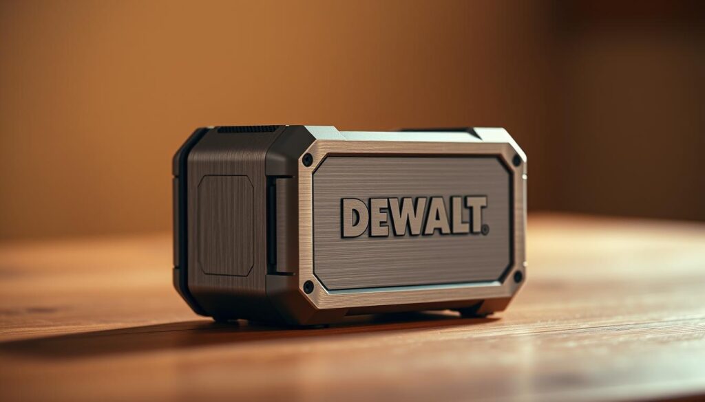 A metallic DEWALT Mini Bluetooth Speaker resting on a wooden surface, bathed in warm, diffused lighting. The speaker's sleek, rectangular shape and bold DEWALT branding are prominently displayed, conveying a sense of rugged professionalism. The mid-ground features a subtle blur, drawing the viewer's attention to the speaker's details, such as its brushed aluminum finish and recessed control buttons. The background is softly blurred, creating a clean, minimalist composition that highlights the product's design.