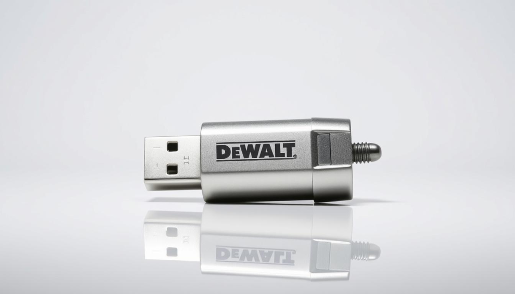 A metallic DeWALT USB adapter resting on a clean, well-lit, and reflective surface. The adapter is centered in the frame, displaying its sleek, modern design with the DeWALT logo prominently visible. The lighting is soft and diffuse, creating subtle shadows and highlights that accentuate the adapter's form and texture. The background is a simple, neutral color, allowing the adapter to be the primary focus of the image. The overall composition is balanced and professional, conveying the high-quality and compatibility of the DeWALT USB adapter compared to other brands.