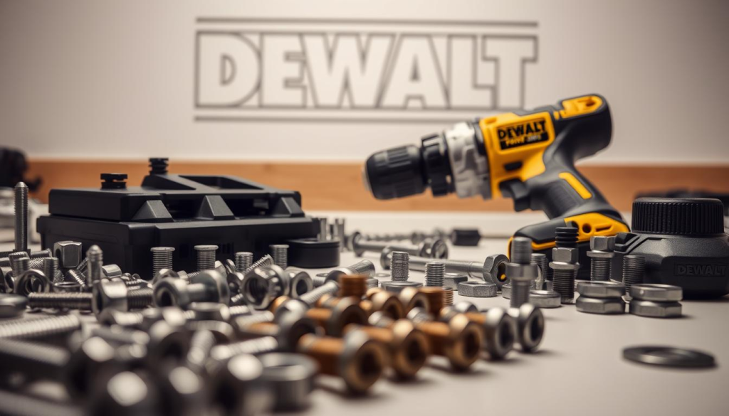 A meticulously composed shot of an array of genuine DEWALT power tool parts, arranged with precision on a clean, well-lit workbench. The foreground showcases an assortment of screws, nuts, and washers in various sizes, their metallic surfaces gleaming under the soft, directional lighting. In the middle ground, the focal point is a disassembled DEWALT cordless drill, its internal components neatly laid out, inviting the viewer to appreciate the engineering and attention to detail that goes into crafting these durable, reliable parts. The background features a subtle, blurred silhouette of the DEWALT logo, subtly reinforcing the brand's reputation for quality and performance.