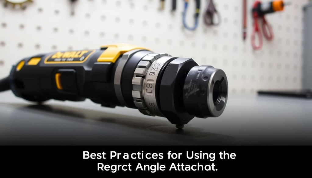 A meticulously crafted DEWALT right angle chuck resting on a clean, well-lit workbench. The tool's sleek, industrial design is captured in high-resolution, showcasing its precision engineering and sturdy construction. Bright directional lighting highlights the chrome accents and knurled grip, conveying a sense of power and reliability. The scene is photographed from a low, slightly angled perspective, emphasizing the chuck's imposing presence and commanding attention. The background is minimalist, allowing the tool to be the focal point, subtly hinting at its versatility and usefulness in the "Best Practices for Using the Right Angle Attachment" section.