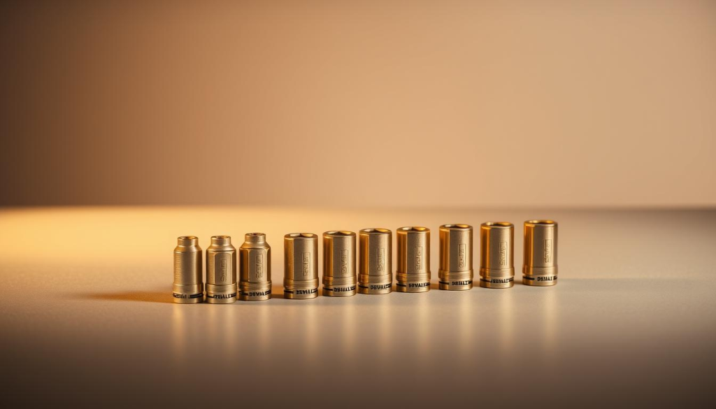 A meticulously crafted DEWALT socket set rests on a smooth, grey surface, illuminated by warm, directional lighting that casts subtle shadows, creating depth and emphasizing the high-quality construction. The sockets are arranged in an orderly grid, showcasing their precise, robust design. In the background, a soft, blurred gradient provides a minimalist, professional backdrop, allowing the tools to take center stage. The overall composition and attention to detail convey the reliability, durability, and versatility of this essential DEWALT tool set.