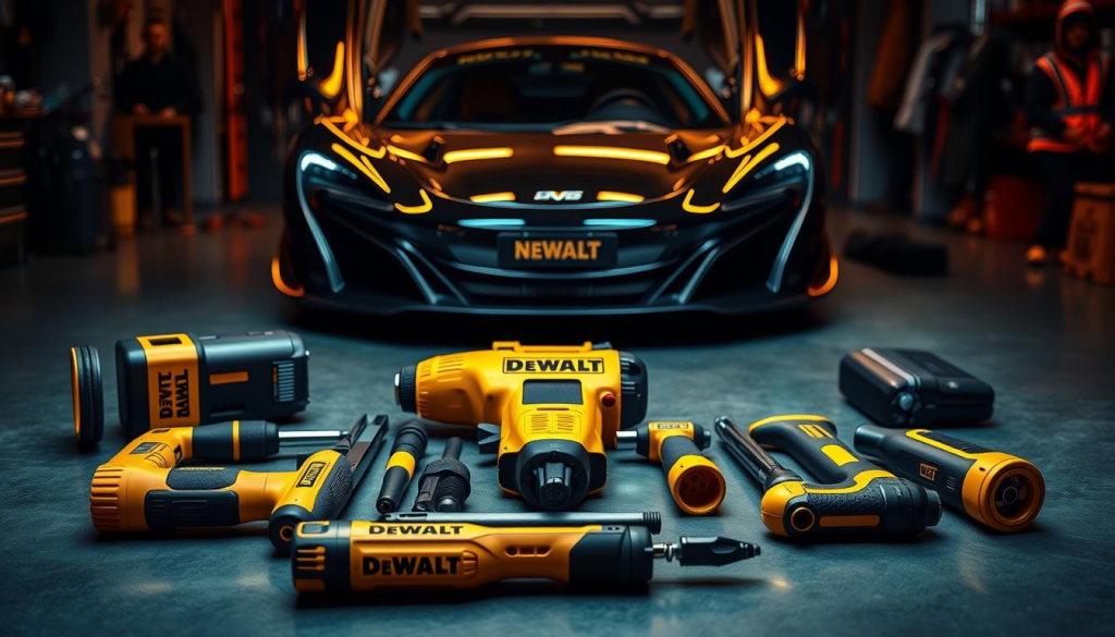 A meticulously crafted DEWALT tool set, its sleek black and yellow design echoing the distinct style of a McLaren sports car. The foreground features the tools laid out in an artful, technical arrangement, showcasing their innovative engineering. In the middle ground, a gleaming McLaren vehicle reflects the tools, creating a harmonious fusion of automotive and industrial design. The background is a dimly lit, moody garage setting, casting dramatic shadows and highlighting the precision of the scene. Warm, focused lighting accentuates the textures and materials, conveying a sense of power, performance, and passion for the automotive craft.