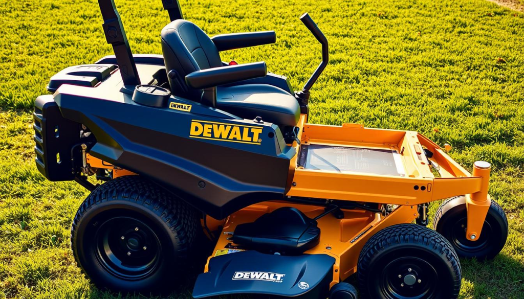 A meticulously crafted DEWALT zero turn mower, its sleek, aerodynamic body gleaming under warm, natural lighting. The mower is positioned against a backdrop of a lush, verdant lawn, hinting at its powerful, efficient performance. The camera angle is slightly elevated, showcasing the mower's imposing presence and impressive size. Intricate details, such as the bold DEWALT branding, high-traction tires, and ergonomic control panel, are clearly visible, inviting the viewer to appreciate the mower's thoughtful design. The overall composition conveys a sense of ruggedness, reliability, and the mower's ability to tackle even the most demanding lawn care tasks with ease.
