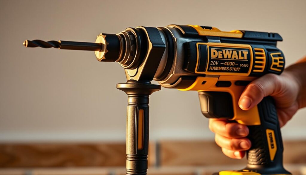 A meticulously crafted DeWalt 20V brushless hammer drill, its rugged casing gleaming under warm studio lighting. The drill bit extends from the front, ready to tackle the toughest masonry tasks. In the middle ground, the user's hand grips the ergonomic handle, showcasing the powerful brushless motor within. The background fades into a clean, minimalist setting, highlighting the drill's sleek, modern design. This versatile power tool embodies the benefits of using a hammer drill - its ability to effortlessly drill through concrete, brick, and other dense materials, making it an essential companion for any construction or home improvement project.