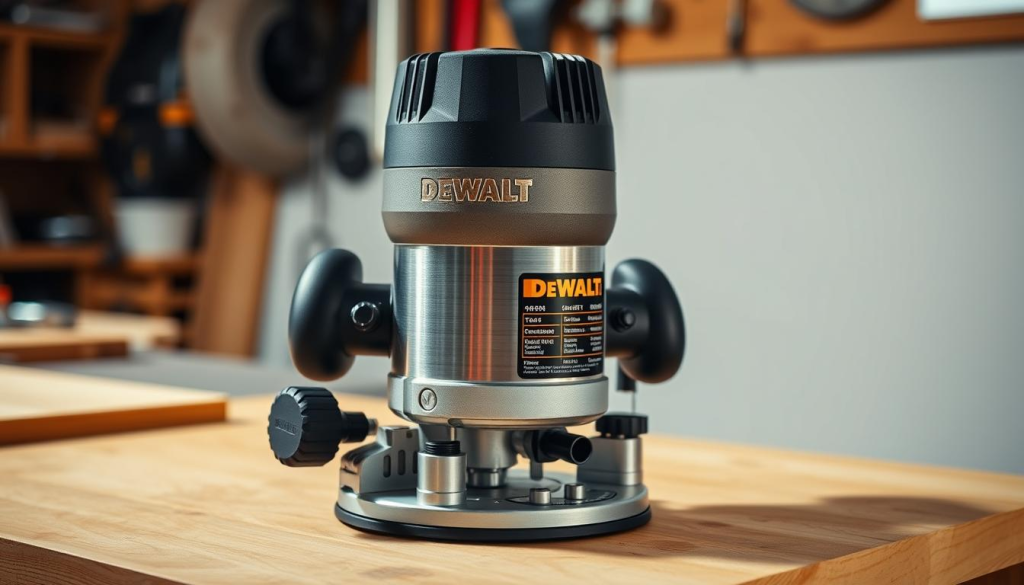 A meticulously crafted Dewalt DWP849X power tool, sitting atop a clean, well-lit workbench. The router's sturdy, sleek body takes center stage, its brushed metal finish gleaming under warm, directional lighting. Detailed specifications are visible on the side panel, showcasing the tool's impressive technical capabilities. The scene exudes a sense of precision, power, and efficiency, perfectly capturing the essence of the "Performance: Power and Efficiency" section of the article.