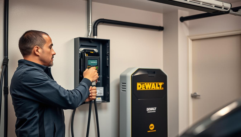 A meticulously crafted and well-lit scene showcasing the installation process of a DEWALT EV charging station. In the foreground, a skilled technician deftly connects the charging unit to the electrical panel, with a focused expression and precision tools in hand. The middle ground features the sleek, sturdy DEWALT charger, its bold branding prominently displayed. In the background, a modern, well-appointed garage setting provides the perfect backdrop, complete with clean lines, neutral tones, and subtle lighting that accentuates the installation workflow. The overall atmosphere conveys a sense of professionalism, attention to detail, and the seamless integration of the DEWALT EV charging solution into a residential or commercial environment.