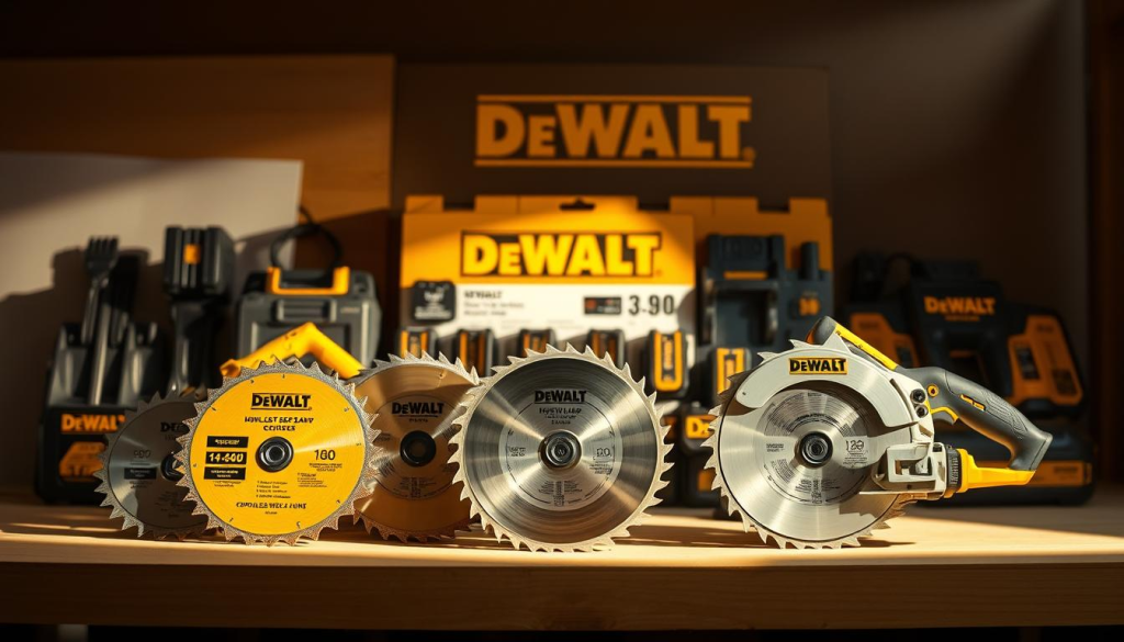 A meticulously crafted arrangement of DeWalt circular saw accessories, illuminated by warm, natural lighting that casts gentle shadows. In the foreground, a selection of blades with varying tooth counts and sizes, positioned with precision. In the middle ground, cordless batteries, chargers, and other essential attachments are neatly displayed, highlighting their compatibility and versatility. The background subtly showcases the iconic DeWalt branding, conveying a sense of professional-grade quality and reliability. This visually captivating scene encapsulates the comprehensive accessory options available to optimize the performance of the DeWalt 4-1/2" Circular Saw, catering to the diverse needs of the discerning user.