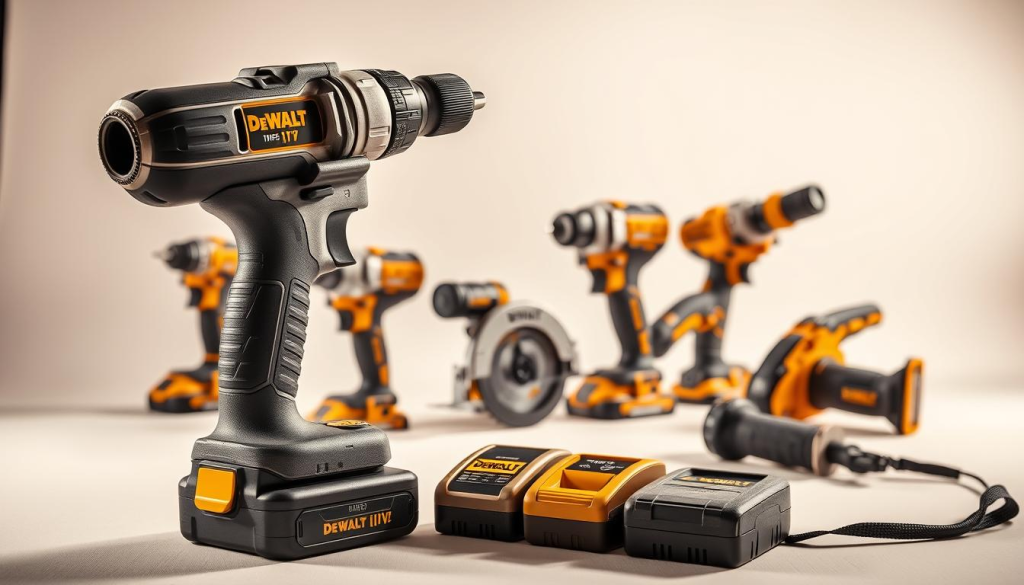 A meticulously crafted arrangement of DeWalt power tools, captured in a pristine studio environment with warm, directional lighting. In the foreground, a cordless drill with a sleek, brushed metal finish stands prominently, its ergonomic grip and precise controls hinting at the power and precision it delivers. In the middle ground, a collection of other DeWalt tools, including a circular saw, impact driver, and reciprocating saw, are artfully grouped, showcasing the brand's comprehensive lineup of high-performance power solutions. The background features a minimalist, white backdrop, allowing the tools to take center stage and highlighting their exceptional build quality and design.