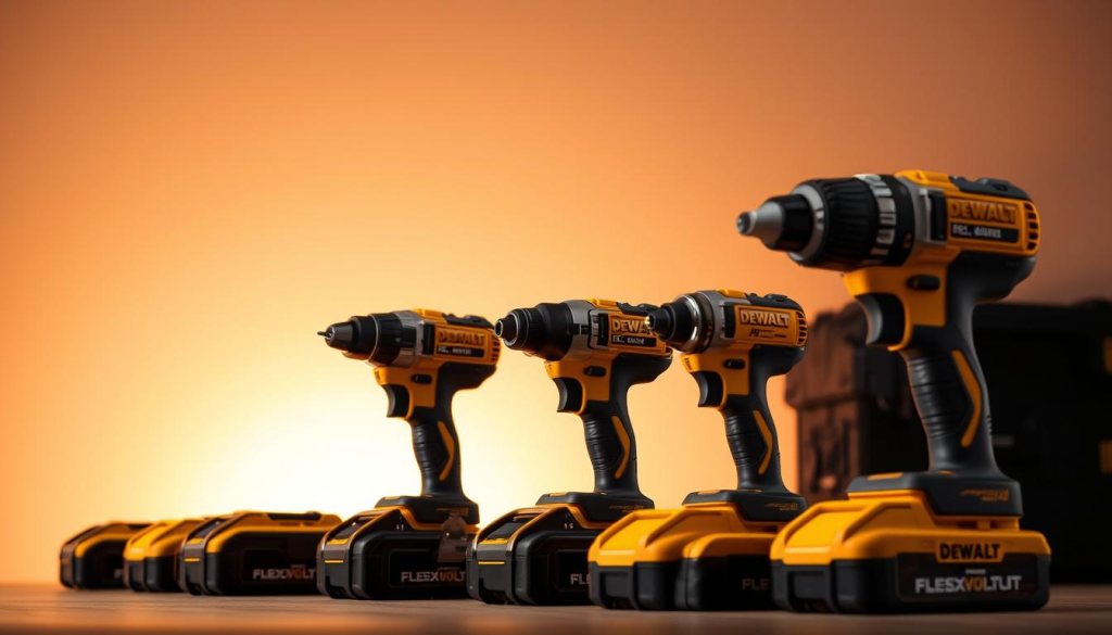 A meticulously crafted collection of DEWALT FLEXVOLT cordless power tools, showcased against a softly illuminated backdrop. The tools, rendered in precise detail, stand out in the foreground, their sleek designs and vibrant yellow accents gleaming under the warm, directional lighting. In the middle ground, a subtle gradient of shadows and highlights accentuates the depth and dimensionality of the scene. The background features a clean, minimalist environment, allowing the tools to be the central focus, emphasizing their versatility and power for any job.