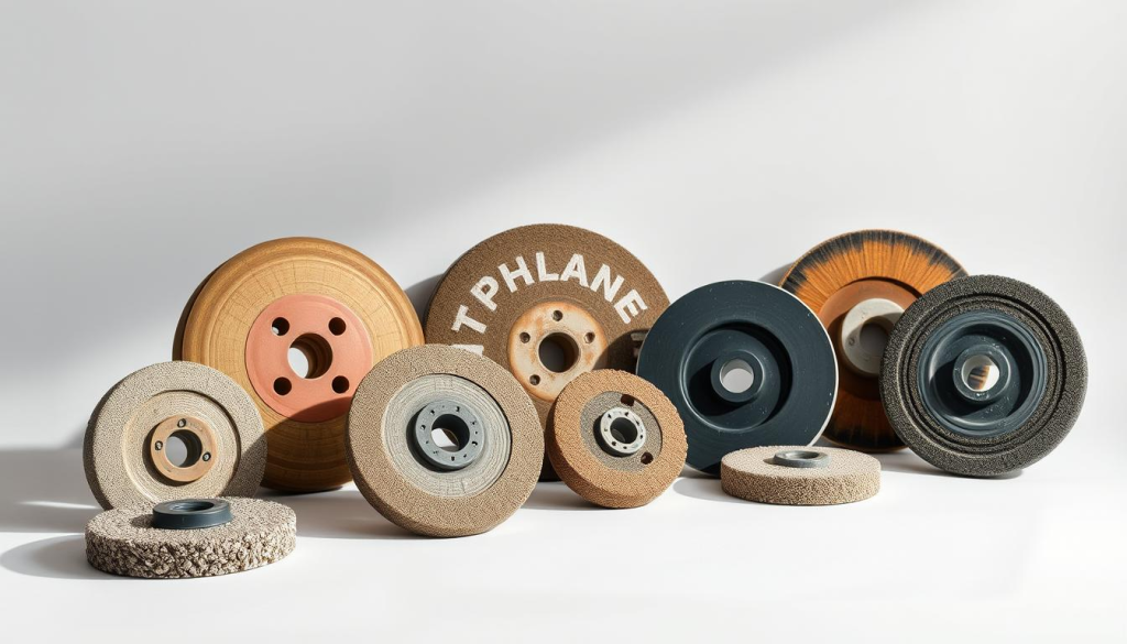 A meticulously crafted collection of grinder wheels, showcasing a range of sizes and grit levels, displayed against a clean, minimalist backdrop. The wheels are illuminated by soft, directional lighting, casting gentle shadows and accentuating their textured surfaces. The overall composition is balanced and visually appealing, capturing the essential details and functionality of these essential workshop tools.