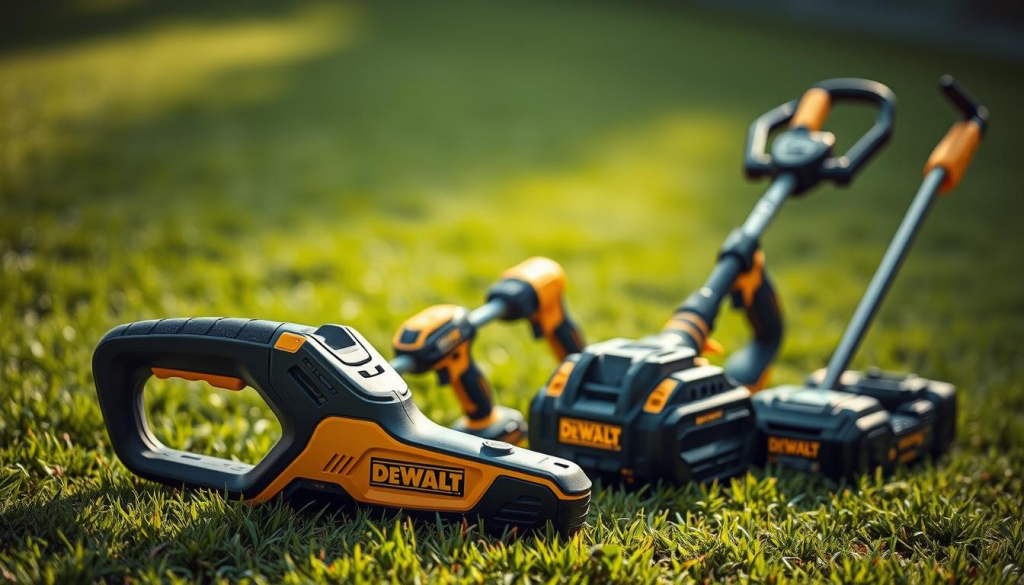 A meticulously crafted comparison of the DEWALT 60V cordless trimmer against its competitors, captured in a high-quality, realistic rendering. The foreground showcases the DEWALT trimmer in a well-lit, detailed close-up, its sleek design and powerful features prominently displayed. In the middle ground, similar trimmers from other leading brands are positioned side by side, allowing for a thorough visual evaluation of size, form, and functionality. The background subtly fades into a lush, verdant lawn, setting the scene for the trimmers' intended purpose. Soft, directional lighting illuminates the scene, casting subtle shadows and highlights to accentuate the products' textures and materials. The overall composition strikes a balance between technical precision and aesthetic appeal, creating a visually compelling image to support the article's comparative analysis.