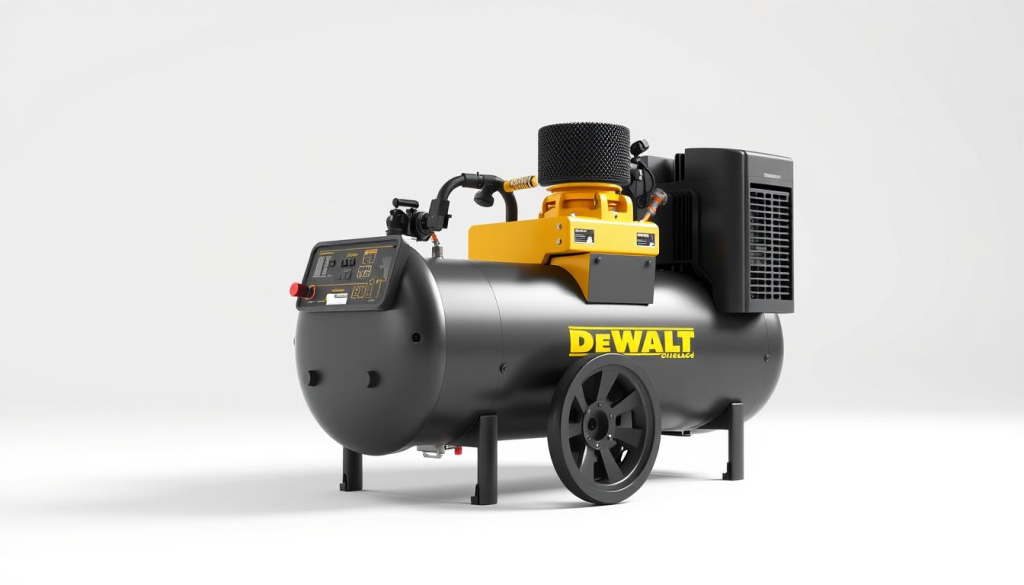 A meticulously crafted, high-quality 3D rendering of a DEWALT 60 gallon air compressor, showcased against a pristine white backdrop with soft, diffused lighting. The compressor is positioned in the center, its sleek and robust design emphasizing its power and durability. The foreground features a clear view of the control panel, highlighting the intuitive controls and essential technical specifications. The middle ground showcases the compressor's impressive size and capacity, while the background subtly hints at the versatility of its applications, conveying a sense of the compressor's ability to handle a wide range of tasks with ease.