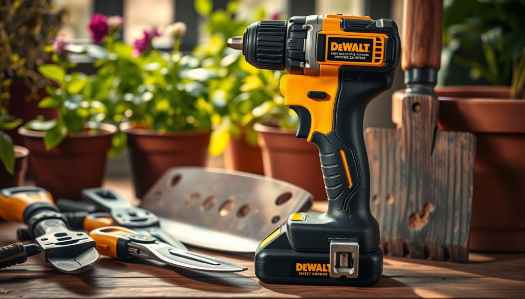 A meticulously crafted still life arrangement of a collection of DEWALT outdoor gardening tools, illuminated by warm, natural lighting that casts gentle shadows. In the foreground, a sturdy DEWALT cordless power drill, its textured grip and compact design showcased. Surrounding it, an assortment of well-worn yet resilient tools - a pruning shear, a trowel with a serrated edge, and a heavy-duty garden hoe with a weathered wooden handle. In the middle ground, a lush, verdant backdrop of potted plants and fresh foliage, hinting at the tools' intended purpose. The overall scene conveys a sense of rugged reliability, durability, and the ability to tackle any outdoor gardening task with confidence.
