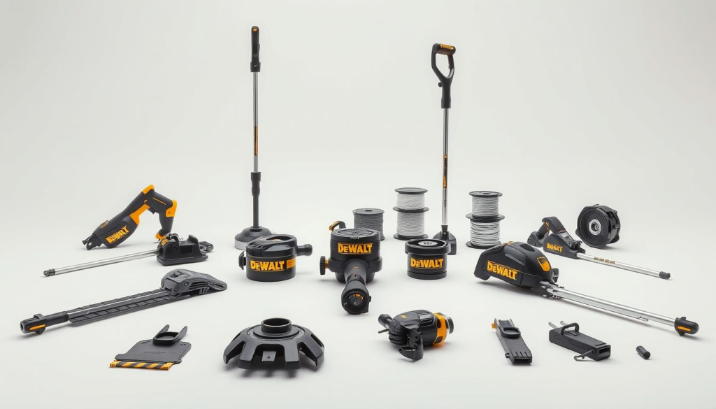 A meticulously crafted still life composition showcasing a variety of DeWALT trimmer attachments against a crisp, white backdrop. The attachments are artfully arranged, each one casting subtle shadows and reflecting the studio's soft, diffused lighting. The foreground features an array of trimmer heads, edgers, and brushcutters, their textures and details captured with precision. In the middle ground, an assortment of compatible trimmer shafts and spools of line add depth and context. The background maintains a clean, minimalist aesthetic, allowing the DeWALT branding and product features to take center stage. The overall mood is one of professional-grade quality, functionality, and attention to detail.