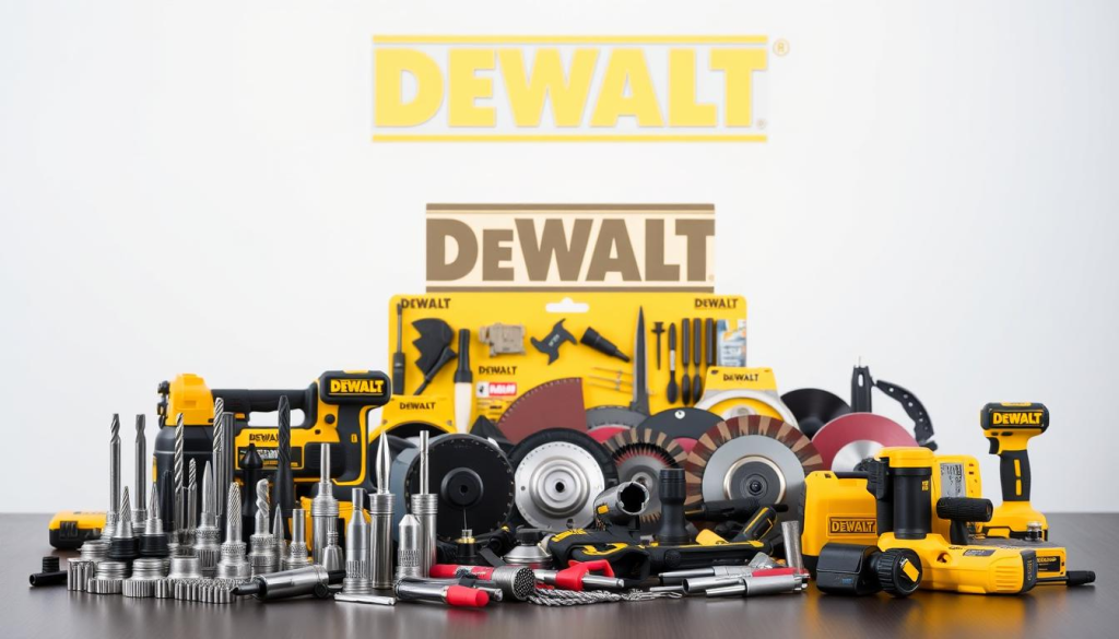 A meticulously curated arrangement of DEWALT power tool accessories, showcased against a clean, well-lit studio backdrop. In the foreground, an assortment of drill bits, screwdriver heads, and sanding discs neatly displayed. In the middle ground, a selection of cutting blades, grinding wheels, and other specialty attachments. The background features the iconic DEWALT logo, subtly hinting at the brand's commitment to quality and performance. The overall composition exudes a sense of professionalism and attention to detail, highlighting the versatility and precision of the DEWALT accessory ecosystem.
