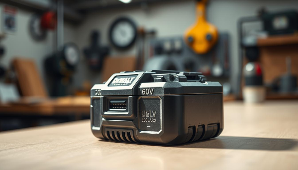 A meticulously detailed DEWALT 60V battery resting on a clean, well-lit workbench. The battery's sleek, sturdy casing glistens under the soft, directional lighting, showcasing its rugged construction and premium finish. The battery's ports and connectors are prominently visible, hinting at the power and versatility it offers. In the background, a blurred, industrial-chic workshop setting provides a complementary context, suggesting the battery's real-world applications in DIY and professional projects. The overall composition conveys a sense of quality, reliability, and the battery's ability to empower users to tackle demanding tasks with confidence.