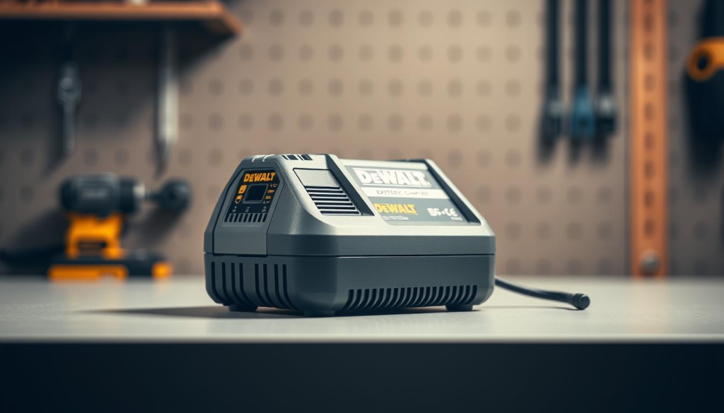 A meticulously detailed DeWalt battery charger unit, positioned on a clean, well-lit workbench. The charger's sleek, gray exterior is showcased with precision, its control panel and ports clearly visible. Soft, diffused lighting illuminates the scene, casting subtle shadows that accentuate the charger's form. The background is a harmonious blend of muted tones, keeping the focus on the subject. The overall composition exudes a sense of professionalism and technical expertise, perfectly suited for a maintenance guide on this essential power tool accessory.