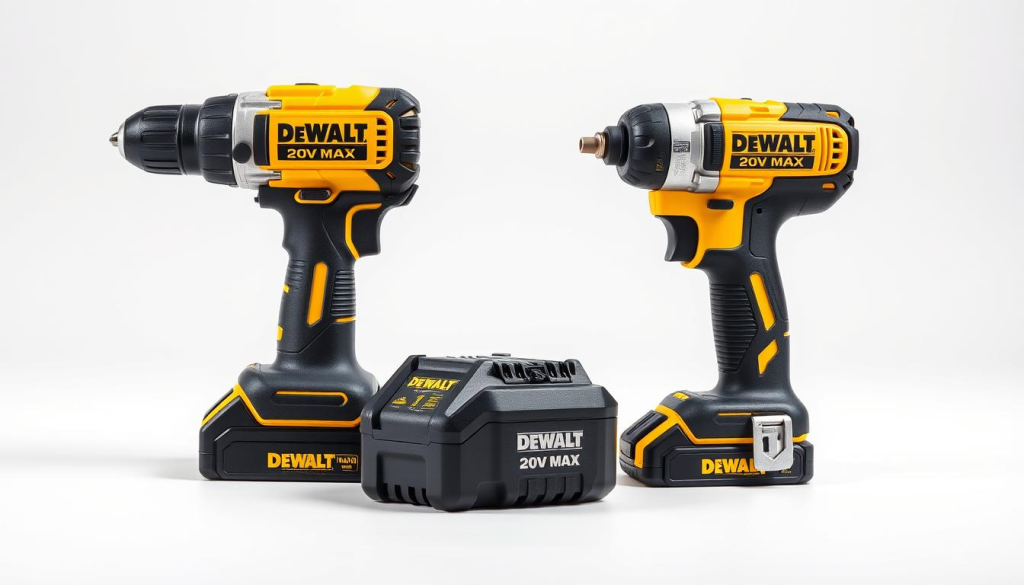 A meticulously detailed and sharply focused product shot of a DEWALT 20V MAX cordless drill and impact driver set, displayed on a sleek white background. The drill and driver are positioned prominently in the center, showcasing their robust and ergonomic designs. Crisp studio lighting from multiple angles accentuates the tools' premium black and yellow color scheme, as well as their high-quality materials and precision engineering. The background is clean and minimalist, allowing the powerful DEWALT branding and key technical specifications to be the focal point. An overall sense of professional-grade quality, durability, and advanced functionality is conveyed through the composition and lighting.