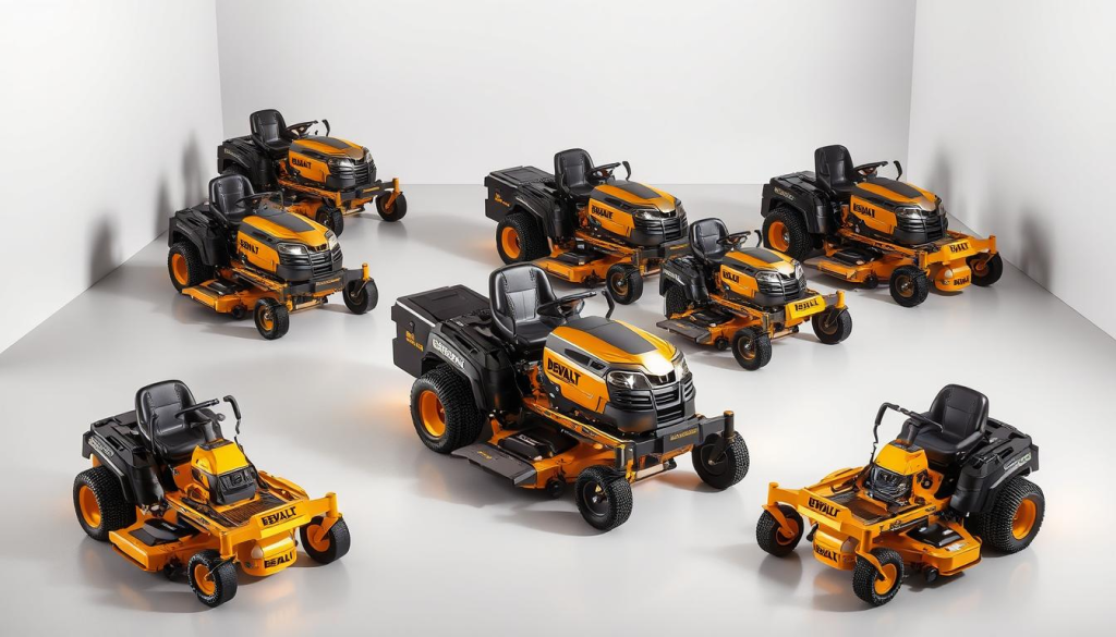 A meticulously detailed and visually striking image of an assortment of DEWALT zero turn mower models, showcased in a sleek, modern setting. The mowers are arranged in a dynamic, angular composition, their gleaming metallic bodies bathed in warm, directional lighting that accentuates their sturdy, industrial design. The background features a clean, minimalist environment, allowing the mowers to take center stage and highlight their power and versatility. The scene conveys a sense of precision, efficiency, and the high-performance capabilities of DEWALT's zero turn mower lineup.