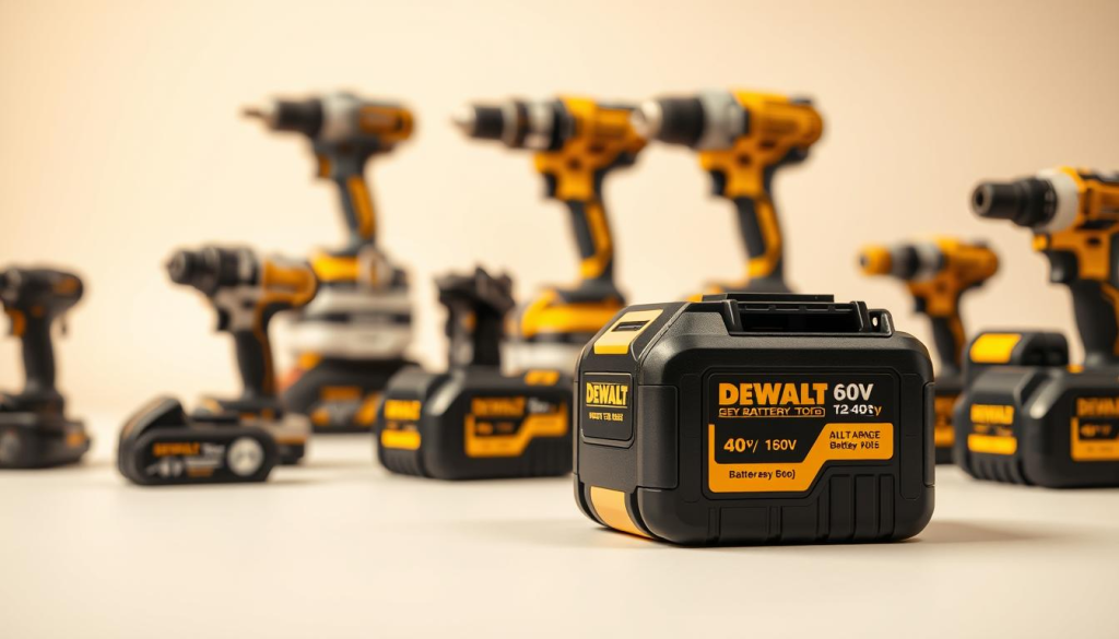 A meticulously detailed comparison of the DEWALT 60V battery pack against its competitors, showcased in a clean, well-lit studio setting. In the foreground, the DEWALT 60V battery takes center stage, its sleek design and prominent branding clearly visible. Surrounding it, the competitor battery packs are neatly arranged, allowing for a side-by-side evaluation of size, form factor, and distinguishing features. The middle ground features a selection of power tools, emphasizing the compatibility and power capabilities of the DEWALT 60V system. The background is a softly blurred, neutral backdrop, keeping the focus on the batteries and tools. Warm, directional lighting accentuates the textures and materials, creating a professional, technical atmosphere.
