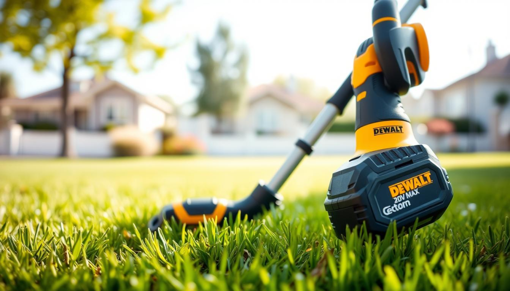 A meticulously detailed, high-resolution image of a DEWALT 20V MAX brushless weed trimmer, captured in a bright, natural lighting setup. The trimmer is positioned in the foreground, showcasing its sleek, modern design with precision-engineered components. The middle ground features a lush, verdant lawn, hinting at the tool's power and versatility. In the background, a subtle, out-of-focus suburban landscape provides context, creating a sense of balance and harmony. The image conveys the trimmer's cutting-edge technology, durability, and suitability for effortless yard maintenance.