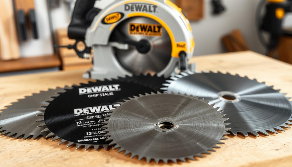 A meticulously detailed image of various DEWALT chop saw blades laid out on a workbench. The blades are shown from multiple angles, showcasing their unique features and specifications. The foreground features a selection of 12-inch and 14-inch blades with different tooth counts and materials, highlighting the breadth of options available. The middle ground includes a close-up view of a blade's cutting edge, revealing its precision and quality. In the background, a DEWALT chop saw stands prominently, conveying the context of the scene. The lighting is natural and diffused, creating a sense of clarity and professionalism. The overall mood is one of technical expertise and product focus, suitable for guiding readers in their DEWALT chop saw blade selection.