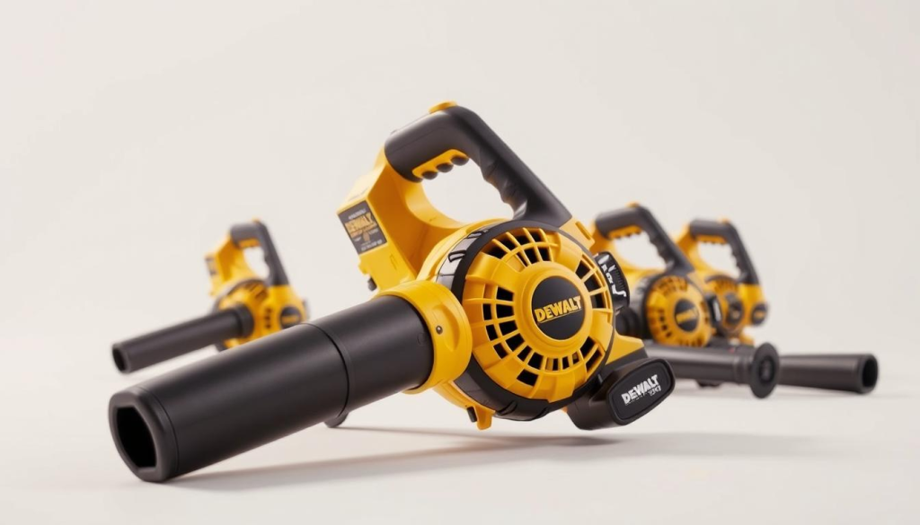 A meticulously detailed product comparison showcasing a DEWALT 20V cordless leaf blower, shot from a dynamic low angle with crisp focus. The blower is prominently featured in the foreground, its sleek yellow and black design highlighted by soft, warm lighting. In the middle ground, slightly blurred, are other similar leaf blower models from competing brands, allowing for a side-by-side visual analysis. The background is a clean, minimal studio setting, emphasizing the technical, evaluative nature of the scene. The overall mood is one of professional, unbiased assessment, inviting the viewer to closely examine and compare the key features of these powerful, cordless yard cleaning tools.