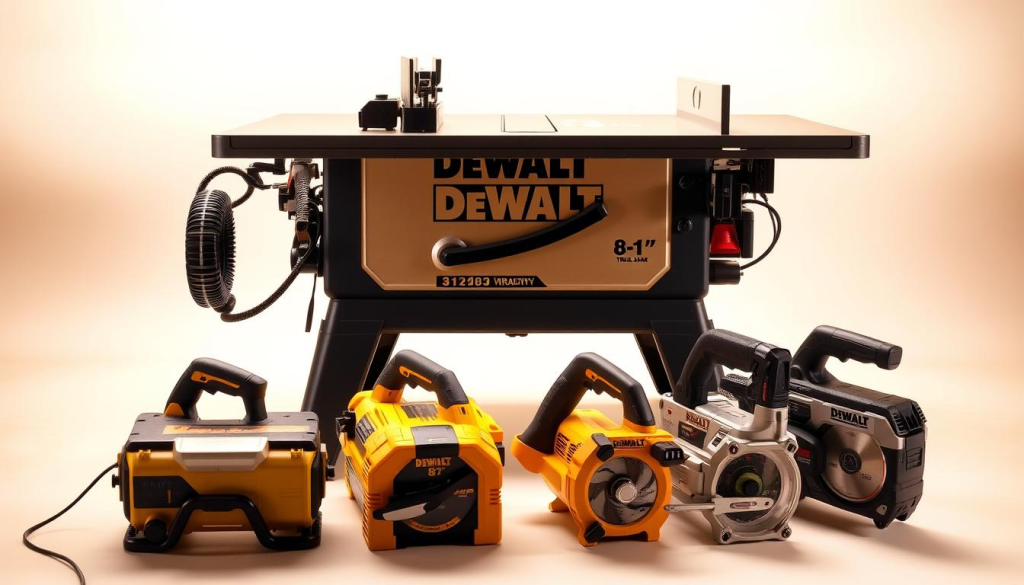 A meticulously detailed shot of a DEWALT 8-1/4" portable table saw, set against a clean, bright backdrop. The saw is prominently displayed, showcasing its sturdy construction and sleek design. In the foreground, a selection of competitor table saws are arranged, allowing for a side-by-side comparison of features and capabilities. Warm, directional lighting illuminates the scene, creating a sense of depth and highlighting the saws' textures and finishes. The camera angle is slightly elevated, providing an optimal view of the tools' key details and facilitating a clear, objective assessment. The overall composition conveys a professional, well-researched approach to the comparative analysis.