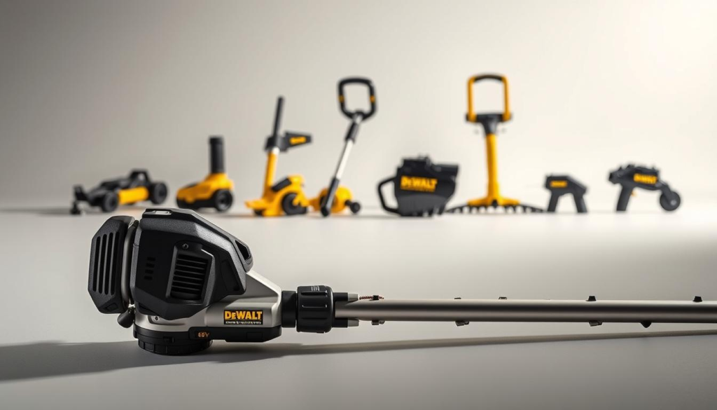 A meticulously detailed still life scene showcasing the accessories and attachments for the DEWALT 60V Cordless Weed Eater. In the foreground, the trimmer head with its adjustable guard and dual 0.080" line spools takes center stage, bathed in soft, directional lighting that accentuates its sleek, brushless motor design. In the middle ground, an array of specialized attachments including the edger, brush cutter, and cultivator are displayed in a visually striking arrangement, highlighting their robust construction and versatility. The background features a clean, minimalist setting with a slightly out-of-focus blurred effect, allowing the key product details to take prominence. The overall composition exudes a sense of professionalism and high-quality craftsmanship, perfectly suited to showcase the accessories and attachments for this premium cordless weed trimmer.