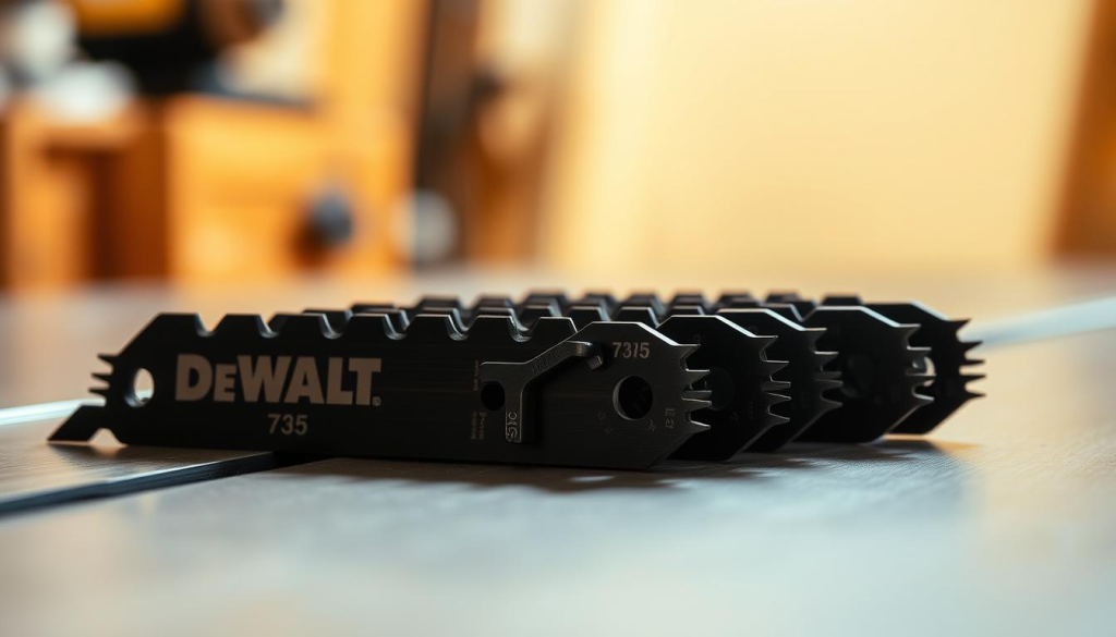 A meticulously detailed view of a set of DEWALT 735 planer blades, resting on a sleek, dark-colored workbench. The blades are showcased in sharp focus, their razor-sharp edges gleaming under the soft, warm lighting that emanates from an off-camera source. The background is slightly blurred, creating a sense of depth and emphasizing the precision engineering of the planer blades. The overall atmosphere is one of quiet professionalism, highlighting the high-quality craftsmanship and attention to detail that are the hallmarks of the DEWALT 735 planer.