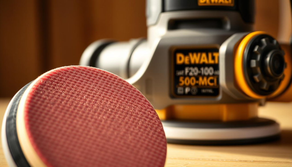 A meticulously detailed view of the essential components that make up a DeWalt orbital sander. In the foreground, the sanding pad and its intricate mesh-like surface texture are prominently displayed, casting a soft, even glow under the warm studio lighting. In the middle ground, the sander's housing is showcased, revealing its robust and ergonomic design, with subtle metallic highlights accentuating its sturdy construction. In the background, the sander's motor and internal mechanisms are visible, conveying a sense of the sander's powerful yet precisely engineered core. The overall composition exudes a sense of technical sophistication and attention to detail, perfectly capturing the essence of the DeWalt sanding experience.