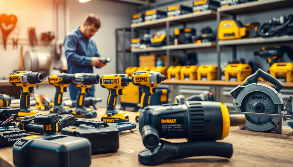 A meticulously organized workbench with a variety of DEWALT power tools, including a cordless drill, impact driver, and circular saw, arranged neatly in the foreground. In the middle ground, a technician in a blue jumpsuit carefully inspects and cleans the tools, using specialized brushes and cleaning solutions. The background features a well-lit workshop with shelves of additional DEWALT equipment, conveying a sense of professionalism and attention to detail. Warm, natural lighting illuminates the scene, emphasizing the importance of proper maintenance for the reliable performance of these high-quality tools.