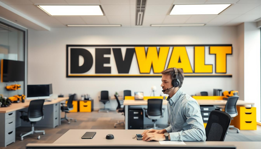 A modern and professional office setting, with a large DEWALT logo prominently displayed on the wall. In the foreground, a customer service representative sits at a desk, wearing a crisp button-down shirt and headset, ready to provide technical support. The middle ground features sleek and organized workstations, with various DEWALT power tools and accessories neatly arranged. The background showcases a clean, minimalist aesthetic, with large windows allowing natural light to fill the space, creating a warm and inviting atmosphere. The overall scene conveys a sense of efficiency, expertise, and a commitment to customer satisfaction.