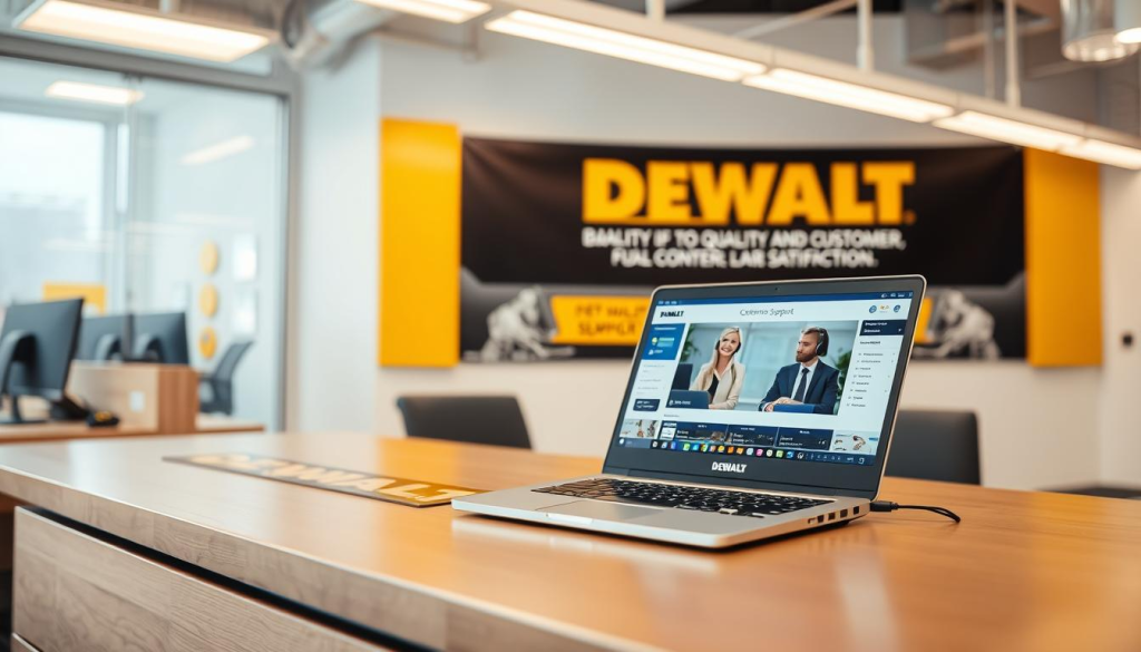 A modern and well-lit office interior, featuring a large desk with a DEWALT logo prominently displayed. On the desk, an open laptop showcases a customer support interface, with agents ready to assist. In the background, a wall-mounted DEWALT banner highlights the brand's commitment to quality and customer satisfaction. The overall atmosphere is professional, welcoming, and conveys a sense of reliable, responsive support for DEWALT customers.