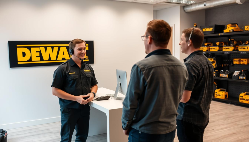 A modern, well-lit office interior with a prominent DEWALT logo on the wall, conveying a sense of professional customer support. In the foreground, a customer service representative wearing a DEWALT-branded uniform assists a customer, both engaged in a friendly discussion. The middle ground features a sleek, minimalist desk with a computer and phone, hinting at the efficient and responsive nature of the warranty support. In the background, shelves stocked with DEWALT power tools and accessories, suggesting a comprehensive product knowledge. The overall atmosphere is one of trust, expertise, and a commitment to customer satisfaction.