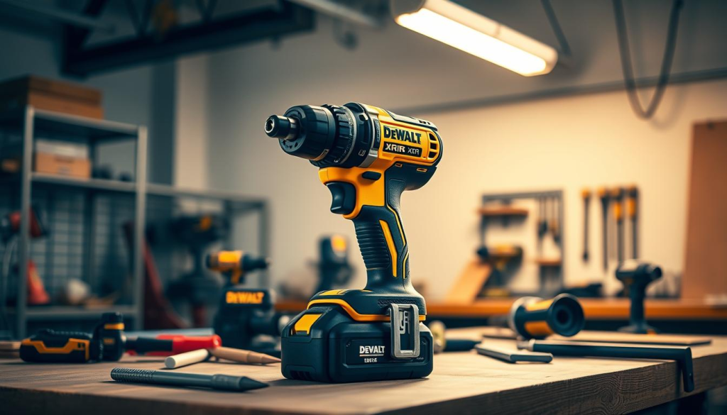 A modern, well-lit workshop setting with a DeWalt XR impact driver prominently displayed on a workbench. The impact driver is shown in its natural environment, surrounded by various tools and materials that showcase its versatility and power. The lighting is warm and inviting, highlighting the sleek, high-quality design of the DeWalt XR. The background features a clean, minimalist aesthetic with subtle hints of industrial elements, such as metal shelving or tool storage units. The overall composition conveys the benefits of the impact driver's superior performance, durability, and suitability for a wide range of professional applications.
