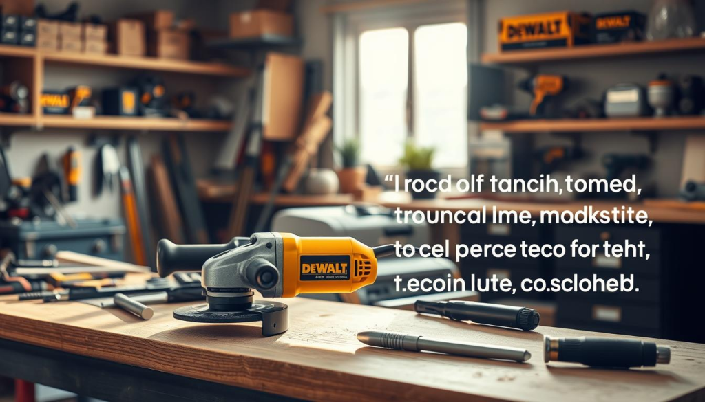 A modern workshop scene with a DEWALT angle grinder placed prominently on a wooden workbench. The grinder is surrounded by various tools and materials, suggesting its versatile use. The workbench is illuminated by natural light streaming through a window, casting a warm, inviting glow. In the background, blurred shelves and cabinets filled with additional DEWALT products hint at the brand's comprehensive offerings. The overall atmosphere conveys a sense of productivity, quality, and customer satisfaction, reflecting the positive reviews and testimonials about the DEWALT angle grinder.