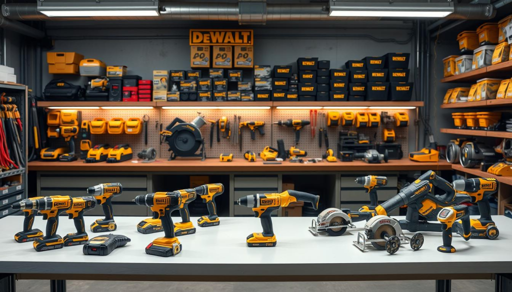 A modern workshop with a well-lit and organized display of DEWALT power tools. In the foreground, a collection of DEWALT's best-selling cordless drills, impact drivers, and circular saws, showcased on a clean, minimalist workbench. In the middle ground, a range of DEWALT's professional-grade power saws, grinders, and sanders, arranged neatly against a backdrop of warm, indirect lighting. In the background, shelves stocked with DEWALT's signature yellow and black accessories, conveying a sense of quality, durability, and uncompromising performance. The overall atmosphere exudes an air of industrial chic, inviting the viewer to explore the current DEWALT deals on display.