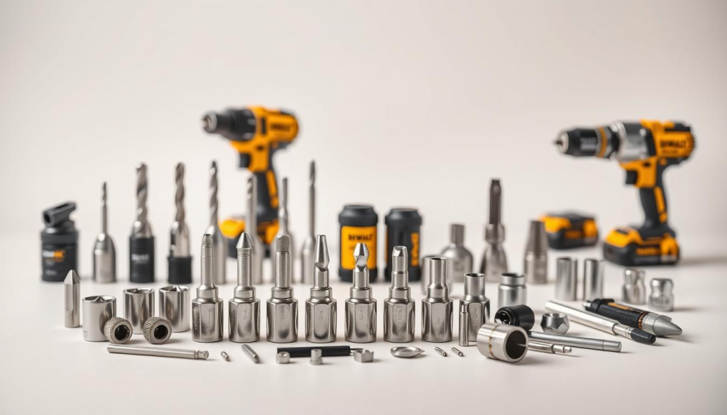 A neatly arranged collection of DEWALT impact driver accessories, including a variety of drill bits, sockets, and other essential tools. The items are displayed on a clean, neutral background with soft, directional lighting that highlights their metallic textures and sleek designs. The composition places the key accessories in the foreground, with a slight blurred effect on the background to maintain focus. The overall atmosphere conveys a sense of professionalism, functionality, and high-quality craftsmanship, reflecting the reliable nature of DEWALT impact guns.