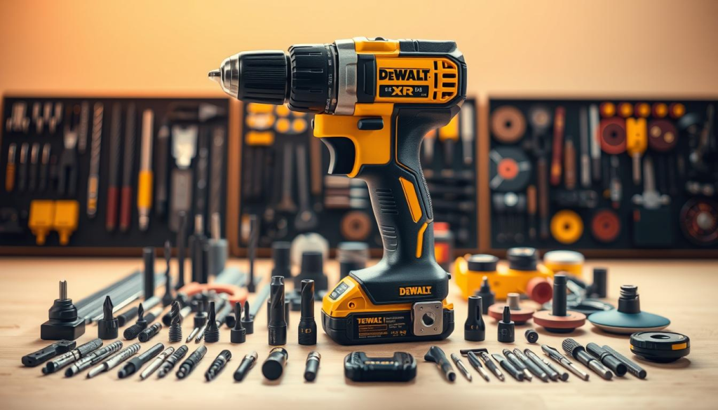 A neatly arranged collection of DeWalt XR drill accessories, illuminated by a warm, focused light. In the foreground, the XR drill itself stands prominently, surrounded by an assortment of attachments and bits - drill bits, driver bits, sanding discs, and more - meticulously displayed. The mid-ground features the various accessories in an organized, visually appealing manner, hinting at their versatility and utility. The background is slightly blurred, creating a sense of depth and emphasizing the centrality of the drill and its complementary tools. The overall composition conveys a professional, high-quality aesthetic, reflecting the reliable and capable nature of the DeWalt XR drill system.