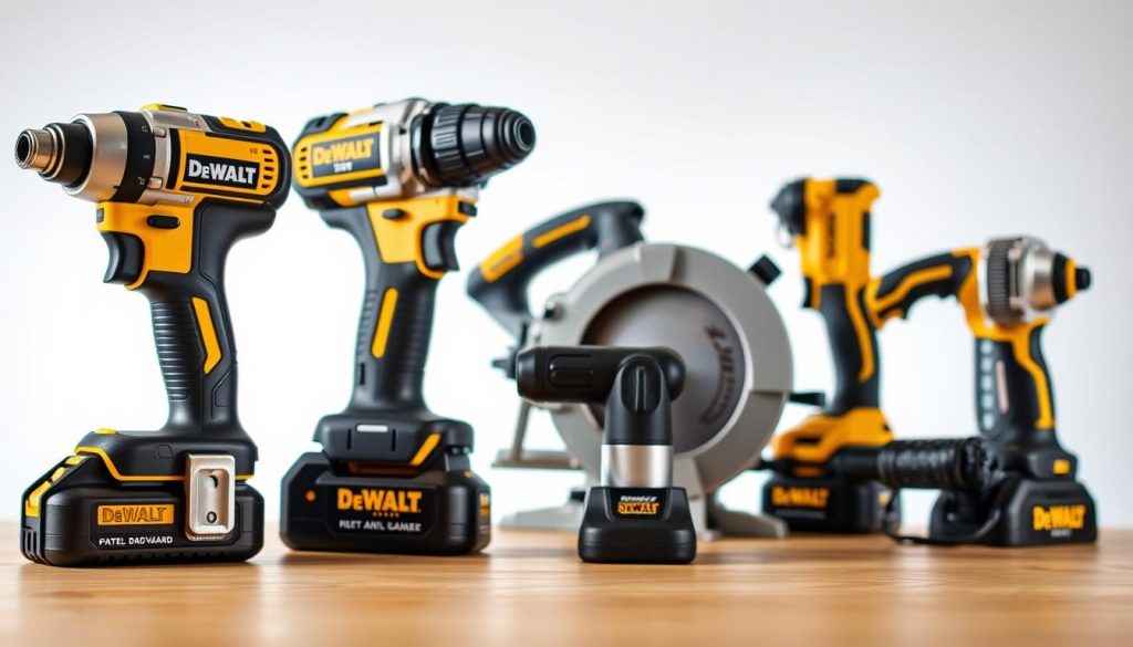 A neatly arranged collection of Dewalt power tools set against a clean, well-lit background. In the foreground, a sturdy Dewalt impact driver, its metallic casing gleaming under a soft, directional lighting. In the middle ground, a Dewalt cordless drill and a Dewalt orbital sander, their ergonomic grips and safety switches visible. In the background, a Dewalt miter saw and a Dewalt reciprocating saw, their safety features, such as blade guards and anti-kickback mechanisms, subtly highlighted. The overall scene conveys a sense of quality, reliability, and attention to user safety, befitting the "Safety Features to Note" section of the article.