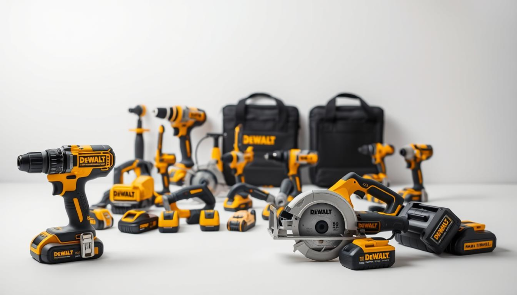 A neatly arranged display of DEWALT 60V MAX power tools, showcased against a clean, well-lit backdrop. In the foreground, a cordless drill, impact driver, and circular saw stand prominently, their sleek black and yellow designs gleaming under the soft, directional lighting. The middle ground features a variety of other 60V MAX tools, including a reciprocating saw, hammer drill, and angle grinder, each meticulously positioned to highlight their individual features. In the background, a subtle gradient creates a sense of depth, drawing the viewer's eye towards the tools and emphasizing their professional-grade quality. The overall composition conveys a sense of power, versatility, and the potential to tackle a wide range of DIY and construction tasks with the DEWALT 60V MAX lineup.