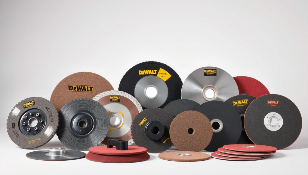 A neatly arranged display of DEWALT angle grinder accessories, including a selection of grinding discs, cutting wheels, flap discs, and sanding pads, all showcased against a clean, neutral background with soft, directional lighting that highlights the textured surfaces and metallic finishes. The accessories are presented in a way that conveys their versatility and suitability for a range of workshop tasks, creating a visually appealing and informative image to complement the article's section on understanding angle grinder accessories.