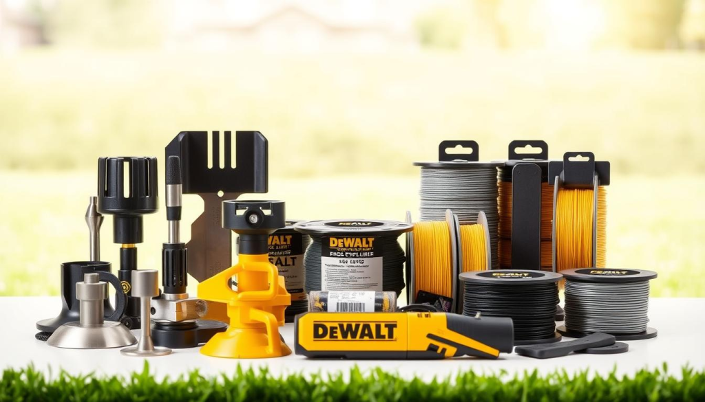 A neatly arranged display of DEWALT edge trimmer accessories against a clean, bright backdrop. In the foreground, various trimmer heads, blades, and guards are showcased with meticulous attention to detail, their metallic finishes gleaming under the warm, natural lighting. In the middle ground, an array of spools of high-quality trimmer line in different thicknesses and colors stand ready for any lawn edging task. The background features a subtly blurred, verdant landscape, hinting at the end result of a well-maintained, pristine yard. The overall composition evokes a sense of professionalism, quality, and the versatility of DEWALT's edge trimmer accessories.