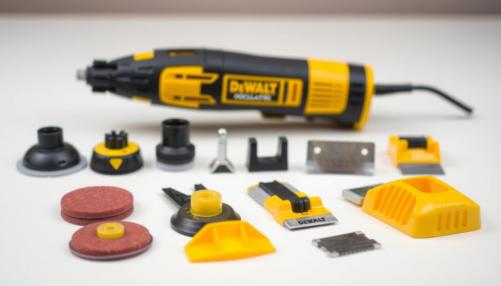 A neatly arranged display of DEWALT oscillating tool accessories on a clean, light-colored background. In the foreground, various interchangeable tool heads such as sanding pads, cutting blades, and scraping tools are showcased with their distinct shapes and textures. The middle ground features the oscillating tool itself, showcasing its sleek, ergonomic design and powerful motor. The background is subtly blurred, allowing the accessories to take center stage and highlighting their versatility for a wide range of home repair tasks. The lighting is soft and diffused, creating a professional, high-quality product photography feel.