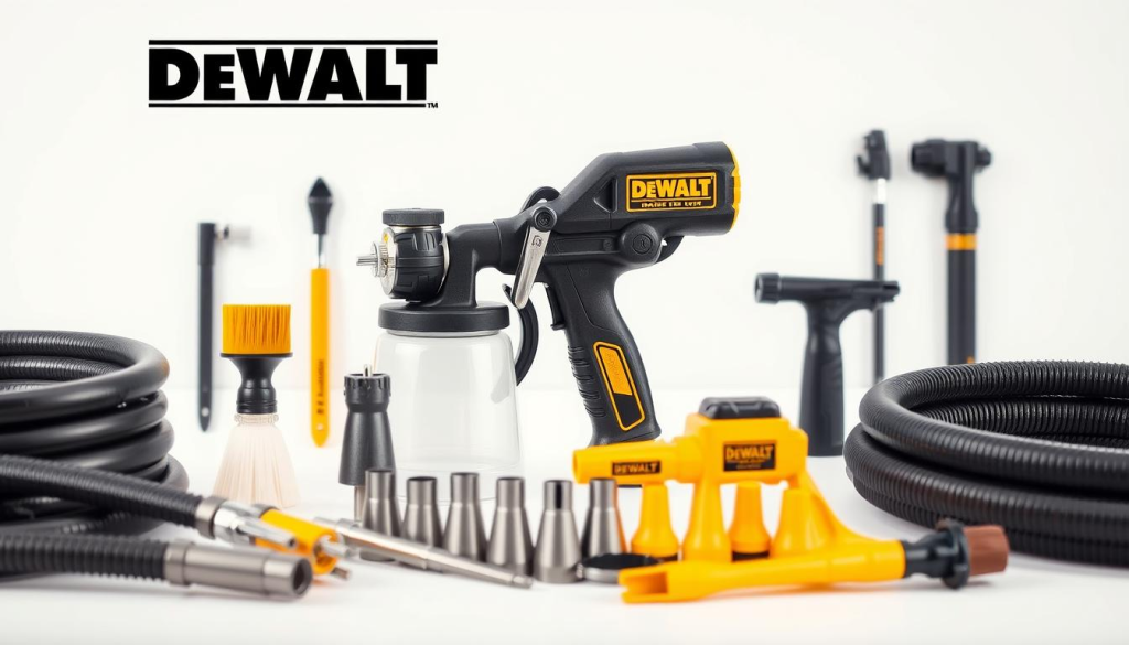 A neatly arranged display of DEWALT paint sprayer accessories, including a high-pressure airless paint gun, adjustable spray tips, cleaning brushes, and a hose, all set against a clean, well-lit background with a soft, neutral color palette. The accessories are captured in a crisp, high-resolution image with a shallow depth of field, emphasizing the details and quality of the products. The overall composition conveys a sense of professionalism, attention to detail, and the versatility of the DEWALT sprayer system for various painting projects.